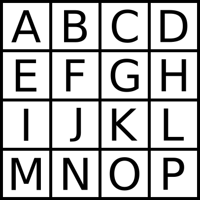 A Boggle board with placeholder letters